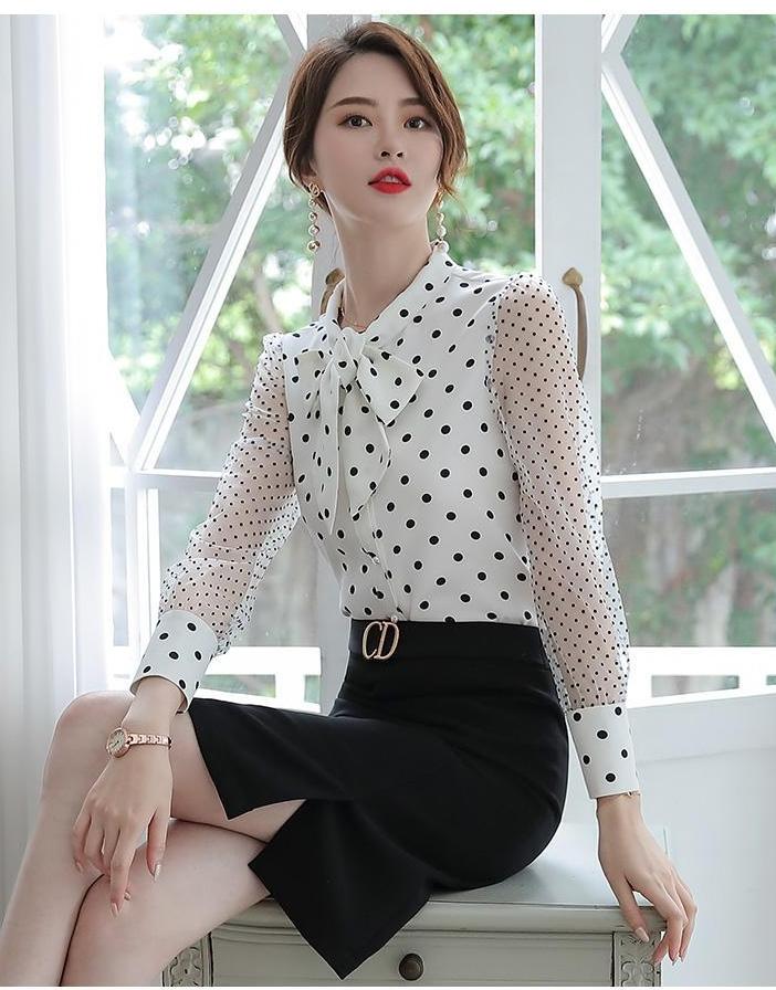 ÁO SƠ MI NỮ CHẤM BI TAY PHỐI LƯỚI CAO CẤP