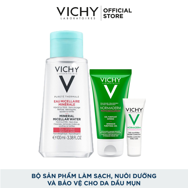 Bộ sản phẩm tẩy trang, gel rửa mặt làm và kem dưỡng cho da dầu mụn Vichy