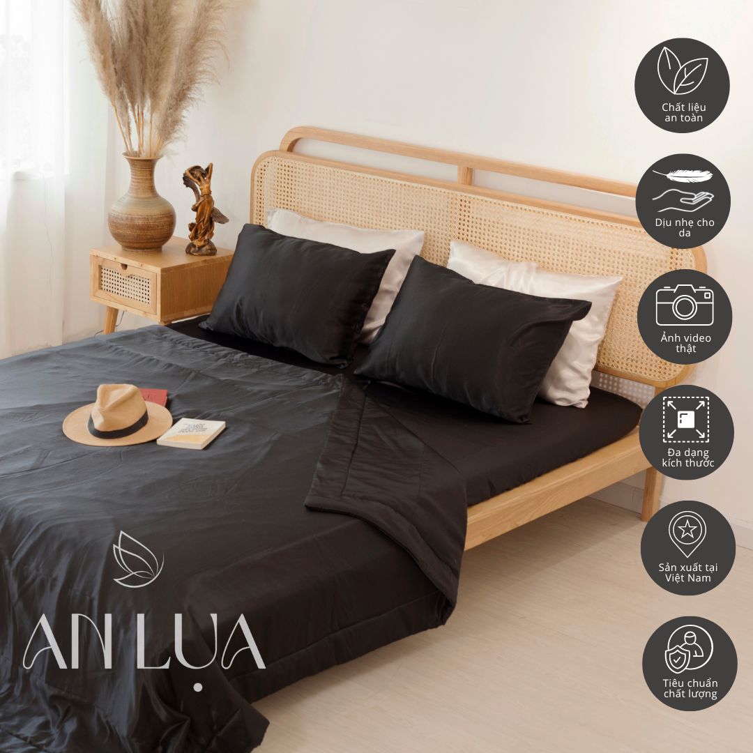 Bộ chăn drap 5 món An Lụa vải lụa mịn mát và thân thiện cho da - Đen