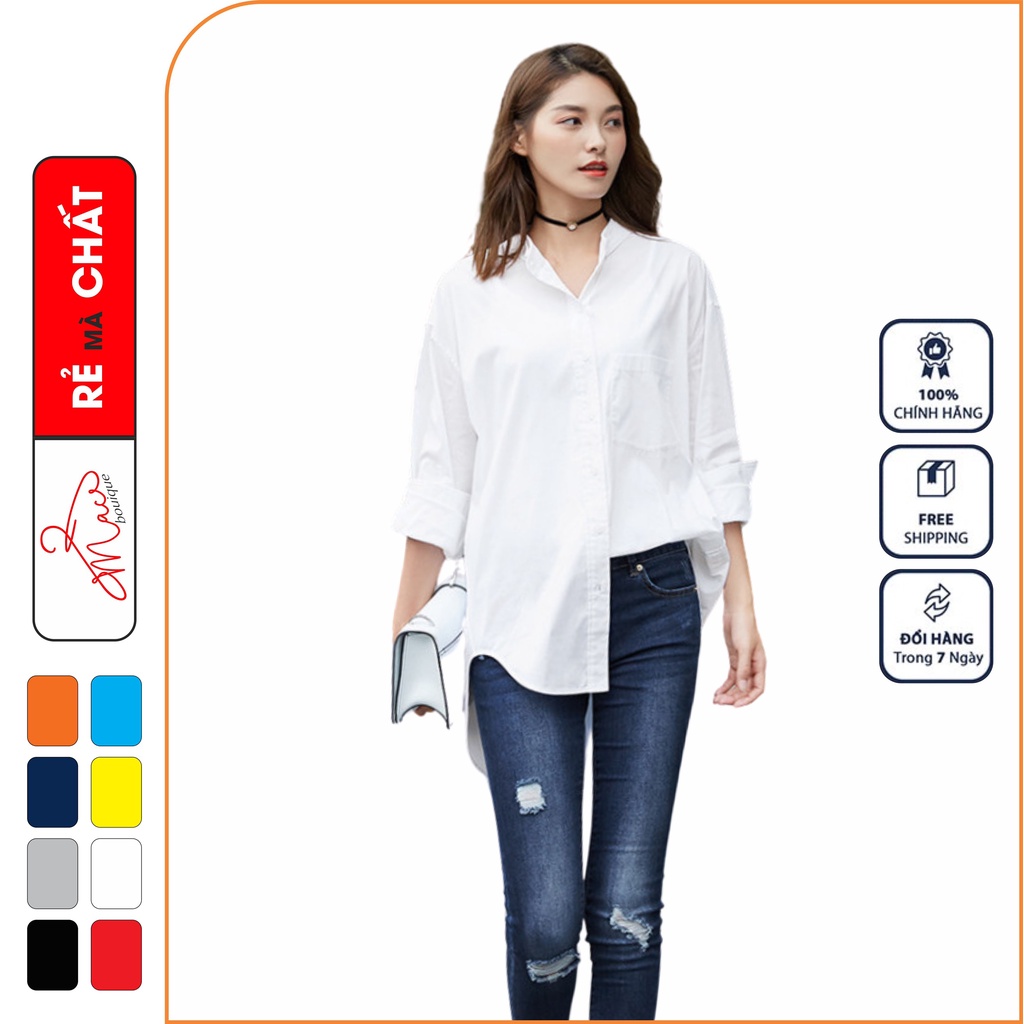 Áo sơ mi dáng rộng nữ nam trơn Basic Unisex Dài Tay trắng đen chất cotton lụa