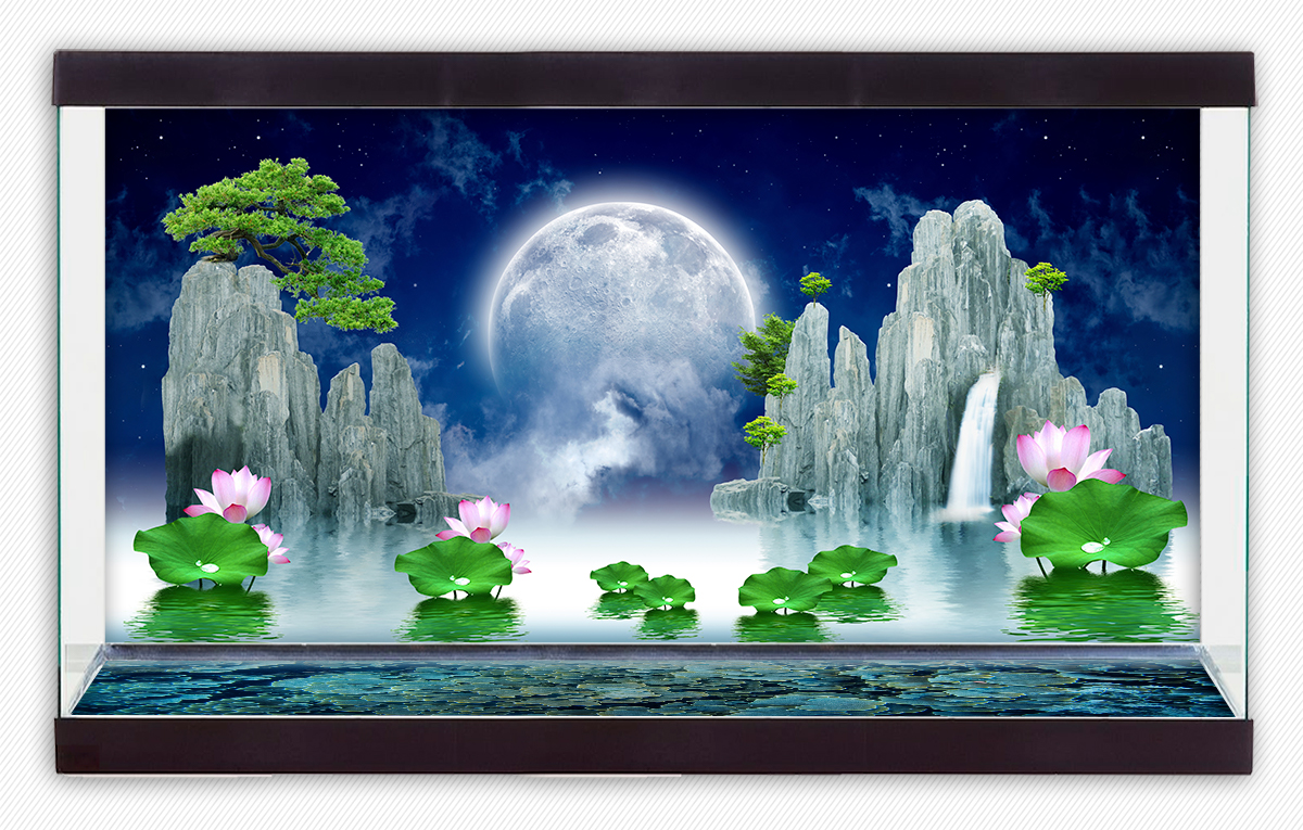 Tranh dán hồ cá HD Cảnh hòn non bộ Aquarium tank - 040 mặt lưng và đáy