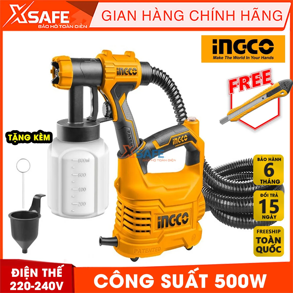 Paint Sprayer INGCO SPG5008 bundled 1 auxiliary handle and 1 set charcoal. Paint spray machine portable high power 500W, the maximum flow: 850 ml/min, genuine warranty 6 months-product genuine XSAFE