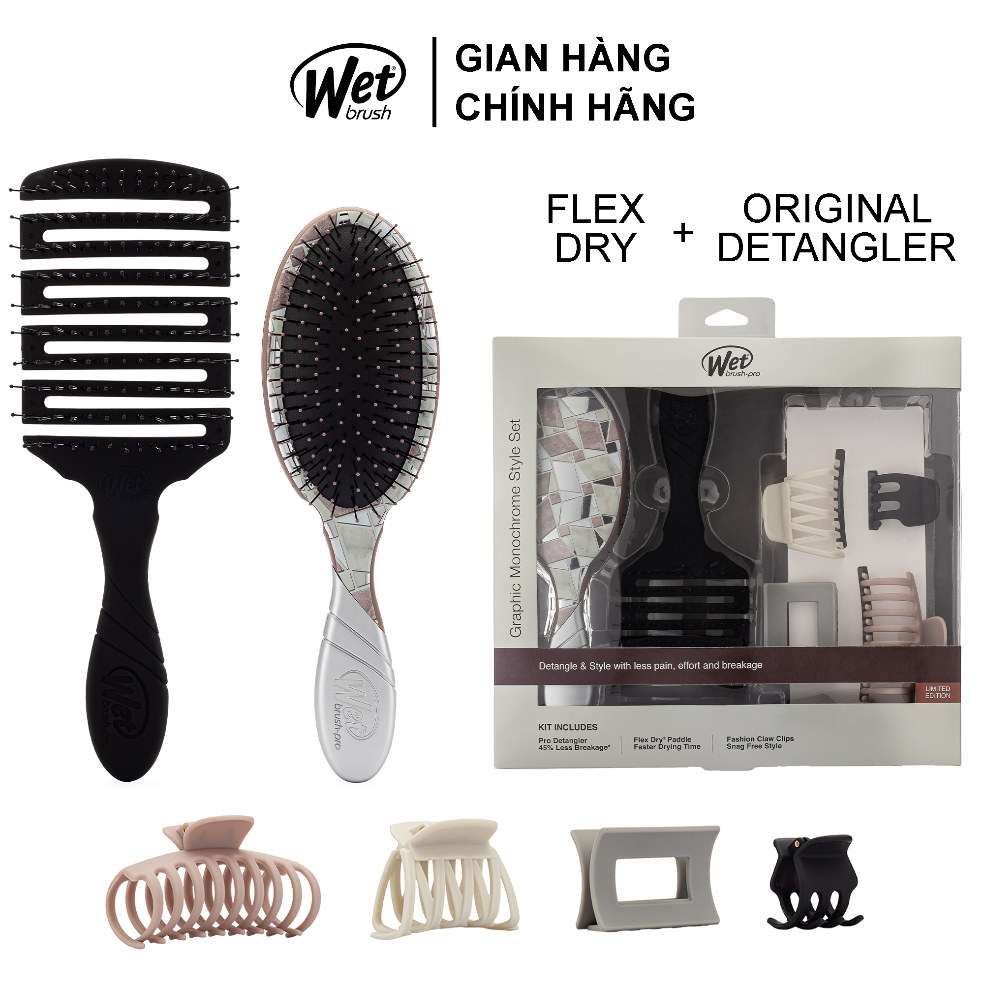 [CHÍNH HÃNG] Combo lược chải tóc GRAPHIC MONOCHROME SILVER KIT (01 truyền thống + 01 lược chải khô + 04 cặp tóc)