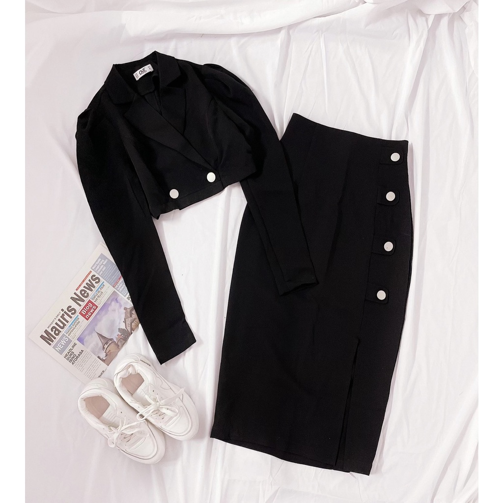 Set váy+ áo crotop cổ vest 2177