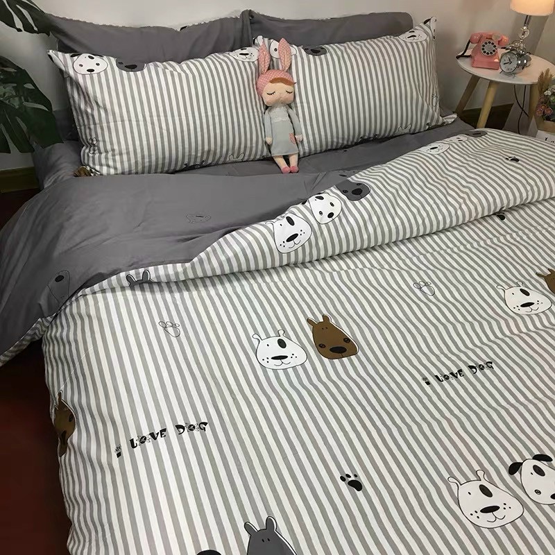 [Miễn phí vận chuyển] Bộ chăn ga gối phong cách Hàn Quốc chó sọc đen trắng cho chun đủ kích thước