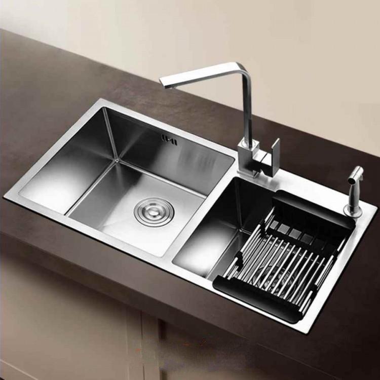 Chậu Rửa Chén Bát INOX SUS 304  WaterA Hai Hộc Lệch, Tặng Rổ Đa Năng và Bộ Xả Chậu