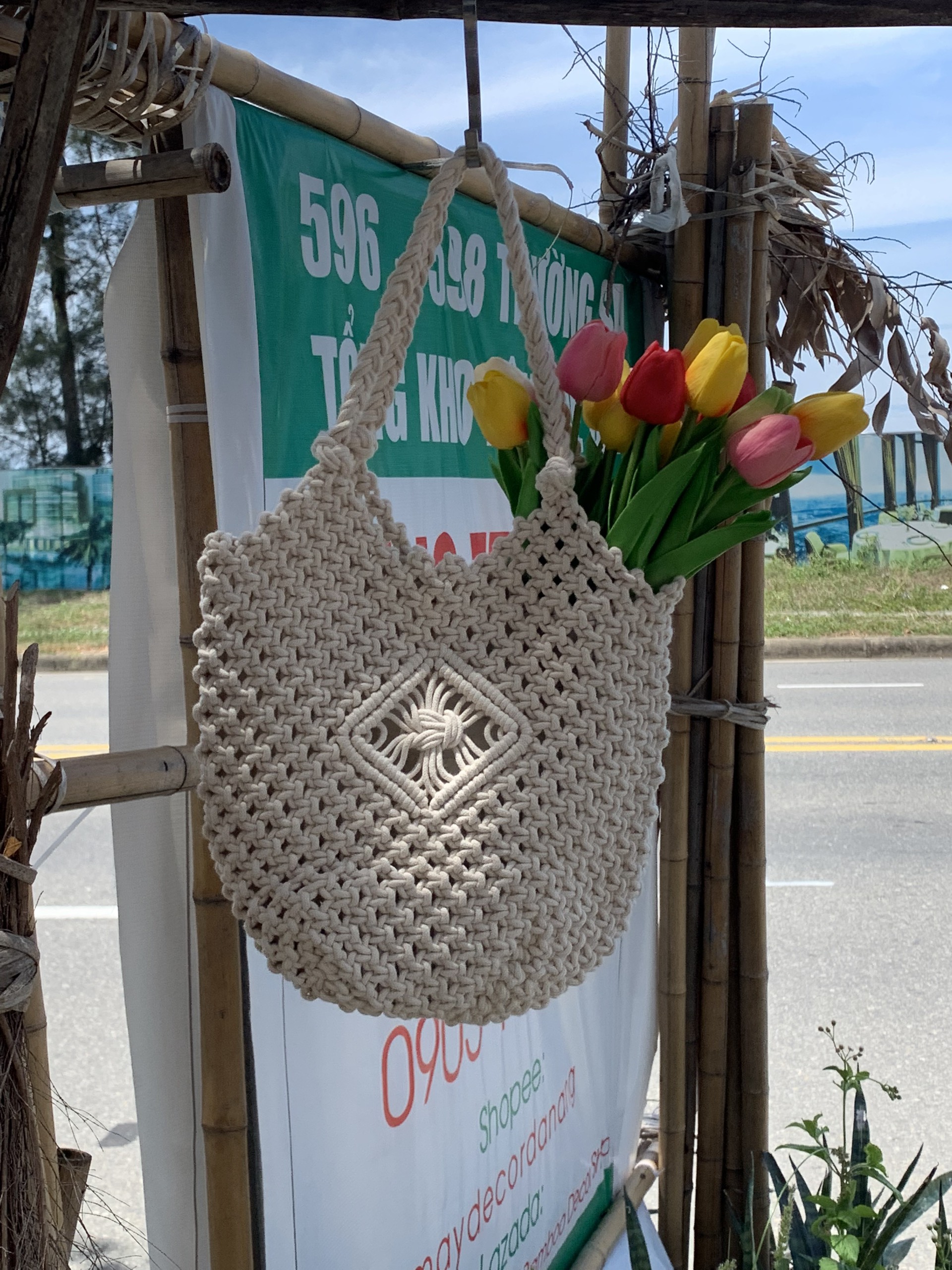 Túi Macrame đeo vai siêu xinh - Phong cách Boho, Vintage Đan Hoa Văn Tinh Tế Ngang: 32 cm * Rộng 32 cm, Dài quai: 23 cm