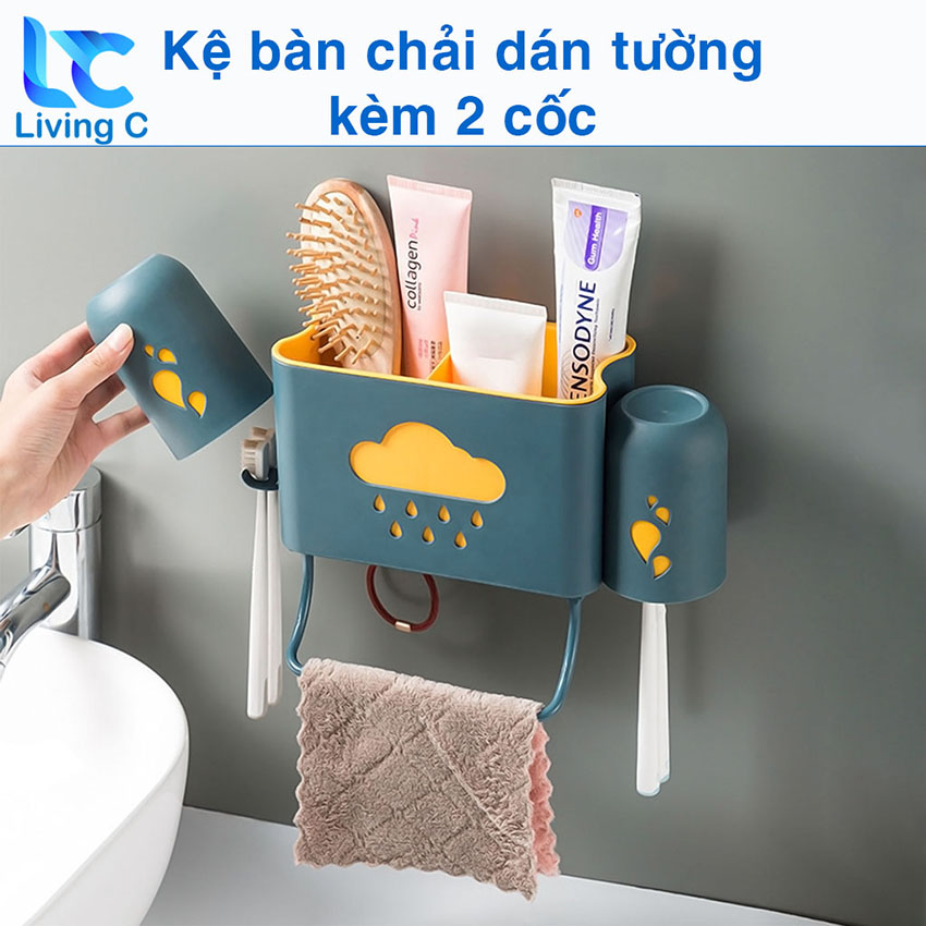 Kệ đựng đồ nhà tắm dán tường Living C K189, kệ để đồ đa năng đựng bàn chải kem đánh răng với miếng dán tường chắc chắn + tặng 2 ly đánh răng