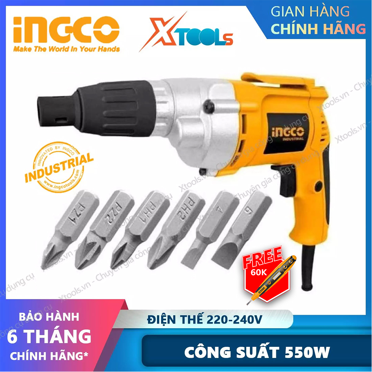 Machine fasten screw ingco ESD5501 attached 6 tip fasten screw. Electric screwdriver with no-load speed 0-2500rpm, Power 550W, hexagonal head: 6.35mm (1/4 "), genuine warranty 6 months-product genuine [xsafe] [XTools]