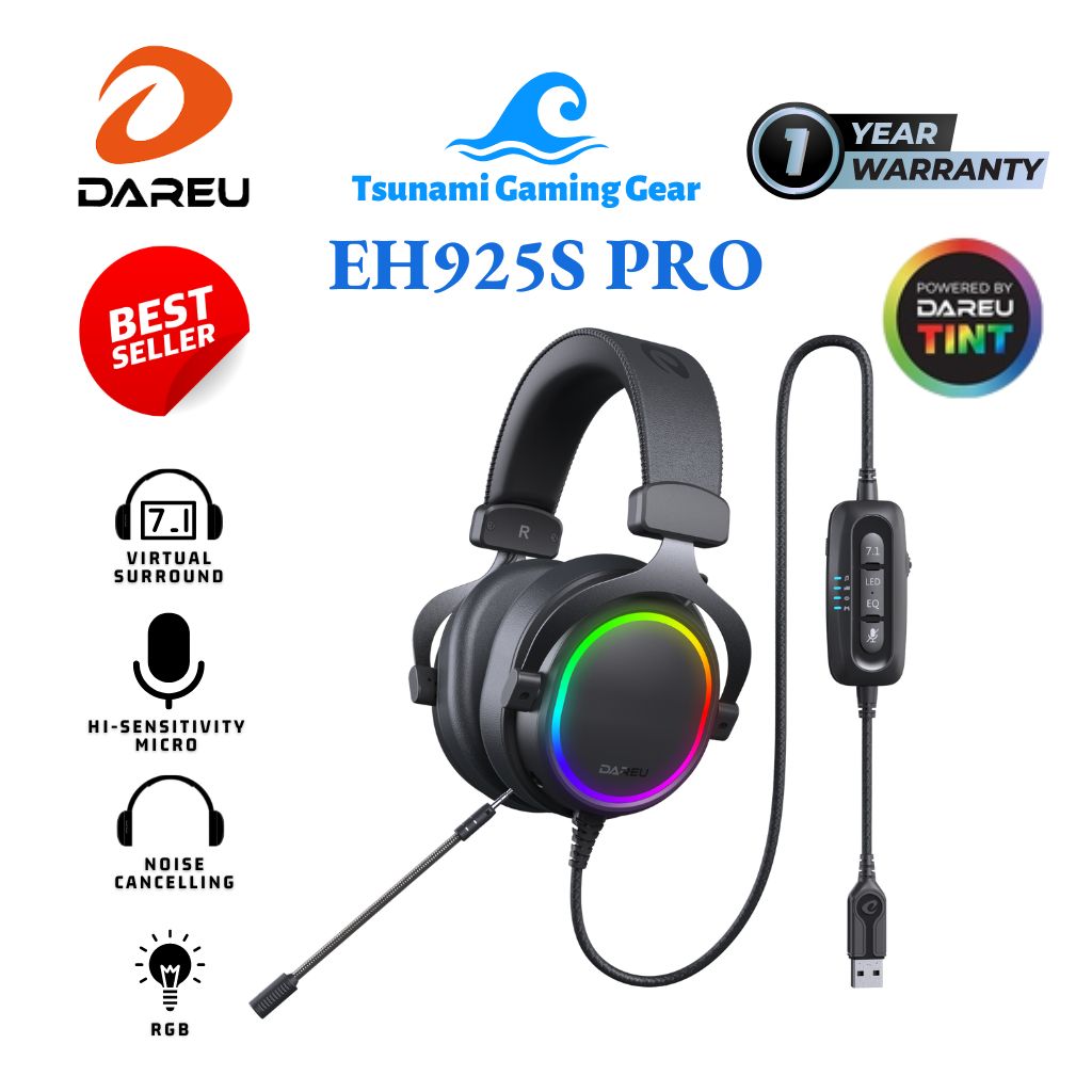 Tai nghe DareU EH925s PRO Black I led RGB I mic rời I âm thanh 7.1 ...