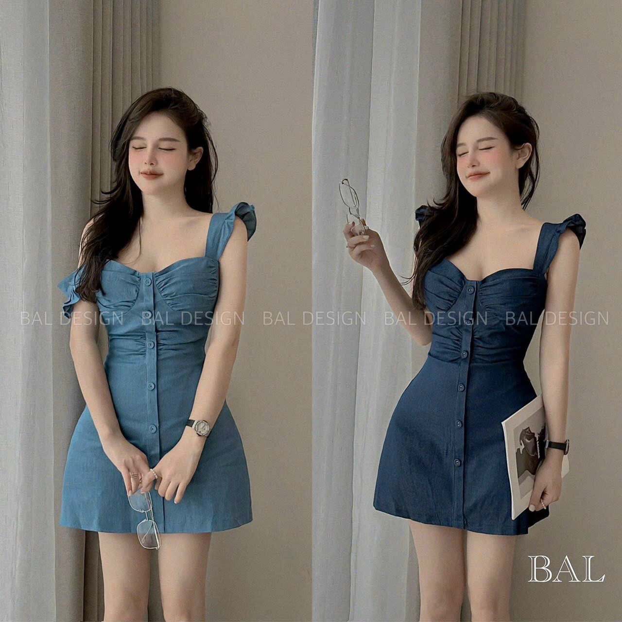 Đầm jean hai dây nút dọc có mút ngực