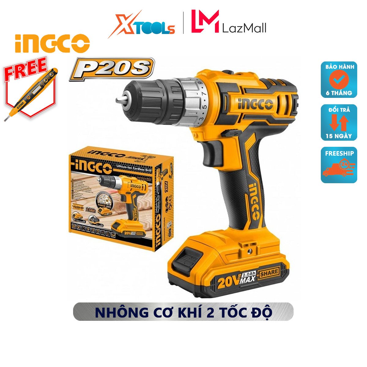 Drill using battery 20V ingco CDLI20024 | electric drill screwdriver included 1PCs battery and 1PCs bureau rechargeable 2H, with LED lights, salamanders mechanical 2 speed, capable of drilling wood, iron, bolted no mode hammer [genuine] [XTools]