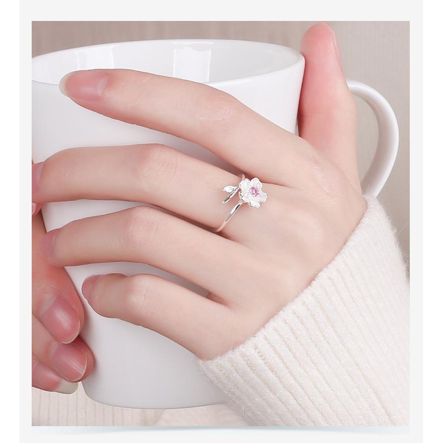 Nhẫn nữ hở mẫu nhẫn hoa anh đào mặt đính đá - JQN gian hàng chính hãng cam kết bạc chuẩn, chất lượng không lo đen xỉn