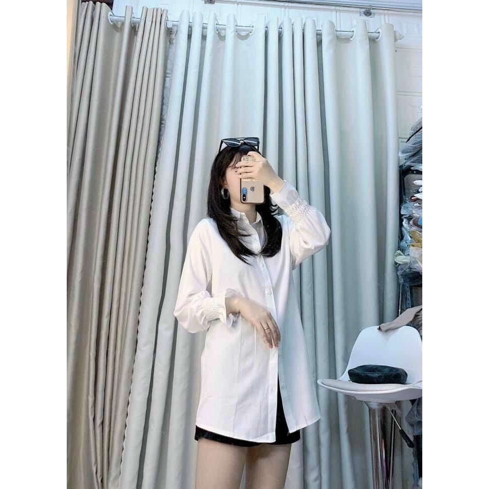Áo sơ mi trắng tay bo chun dáng xuông trẻ trung duyên dáng