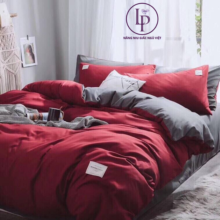 Trọn Bộ Chăn Ga Gối Cotton Tici Xuất Nhật Màu Đỏ Đô Basic, Mát Mịn