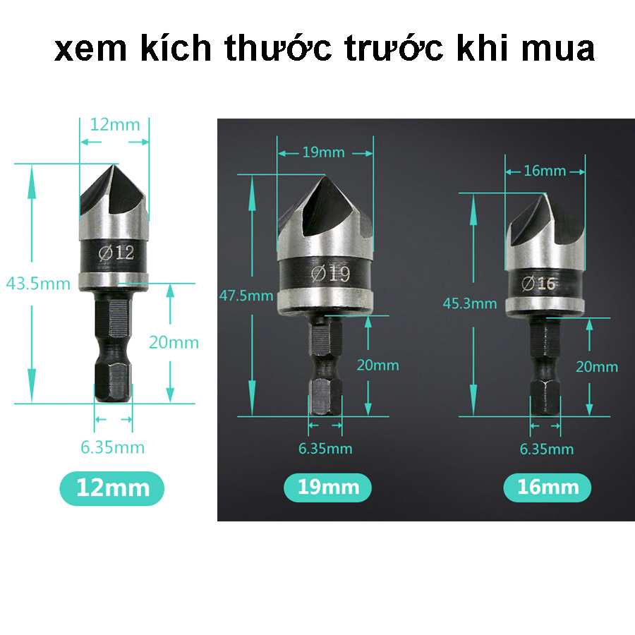 Bộ 3 mũi khoan khoét ván gỗ, ván nhựa phi 12mm, 16mm, 19mm
