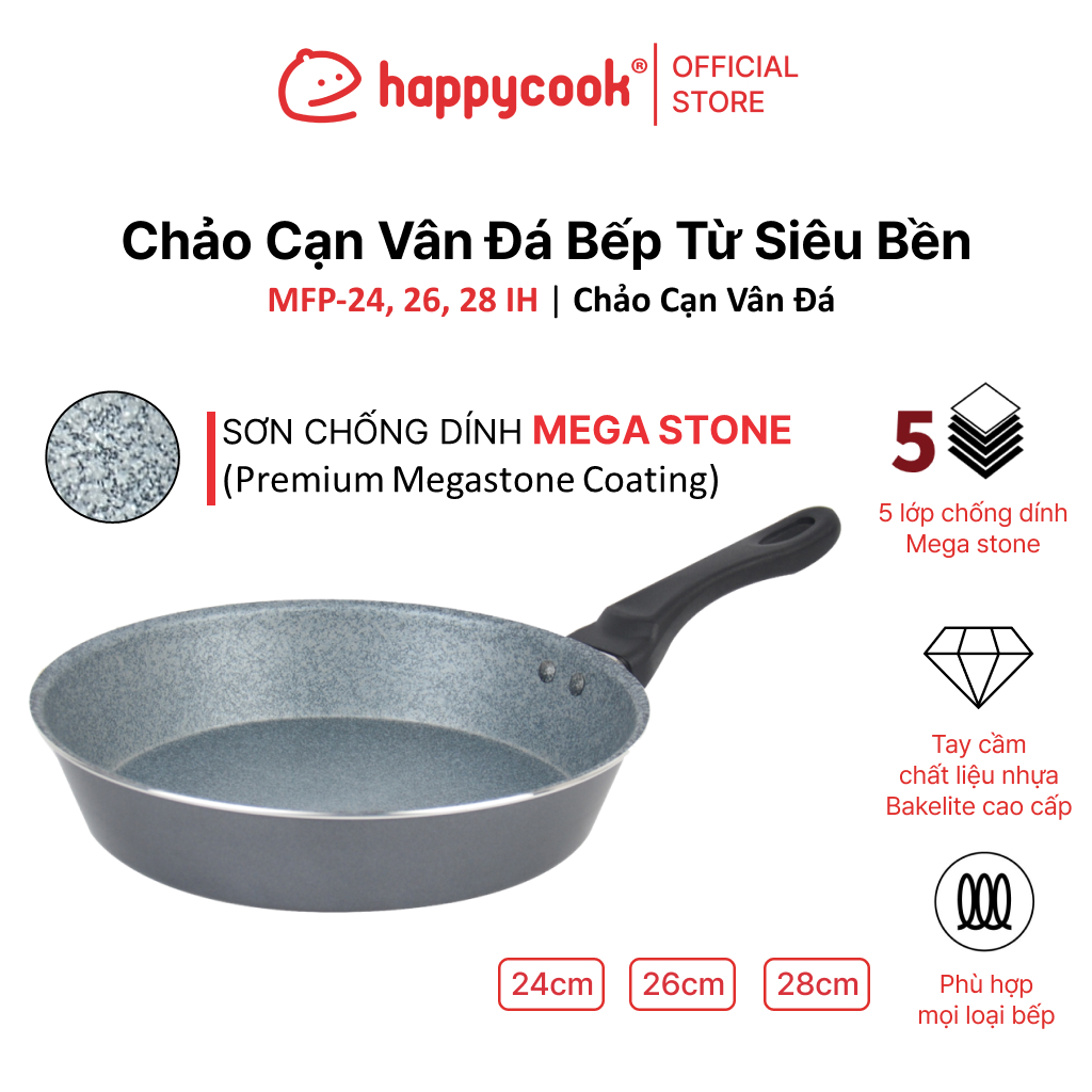 Chảo Cạn Vân Đá Bếp Từ Siêu Bền 24, 26, 28cm, HAPPYCOOK