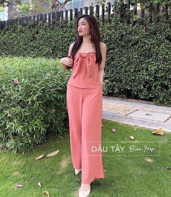 Set bộ nữ áo hai dây nơ ngực quần dài ống suông
