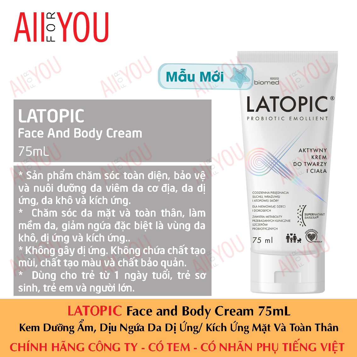[HCM] [CHÍNH HÃNG CÓ TEM] LATOPIC Face and Body Cream 75 mL- Kem Dưỡng Ẩm Dịu Ngứa Da Dị Ứng /Kích Ứng Cho Da Mặt Và Toàn Thân.