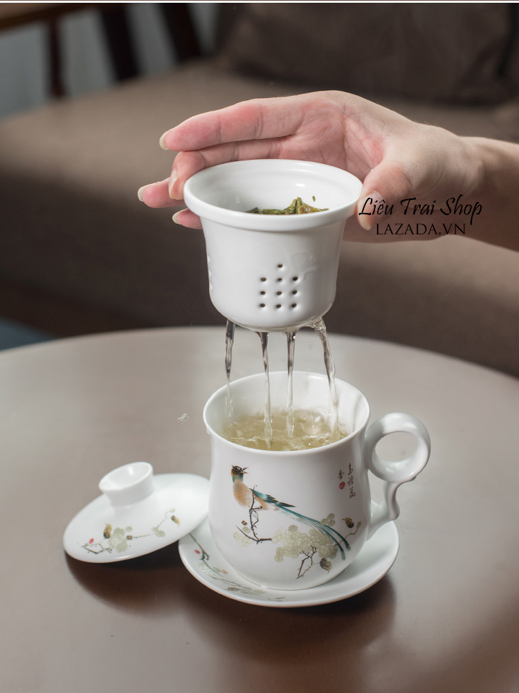 Ly cốc pha trà sứ 4 mảnh có nắp 350ml