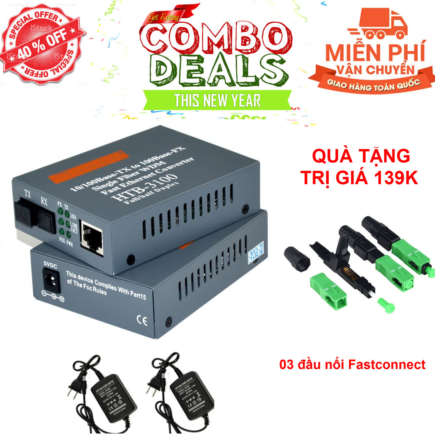 convert quang single mode 10/100Mbs HTB-3100AB ( 1 cặp AB-xám)