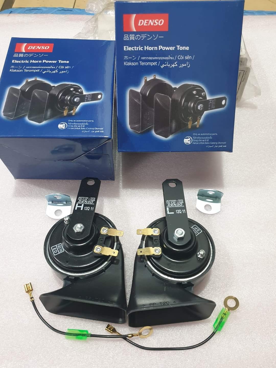 Cặp 2 còi sên denso kèm dây giắc - còi sên 12v - 24v + kèm 2 jack cắm kèn zin - made in indonesia