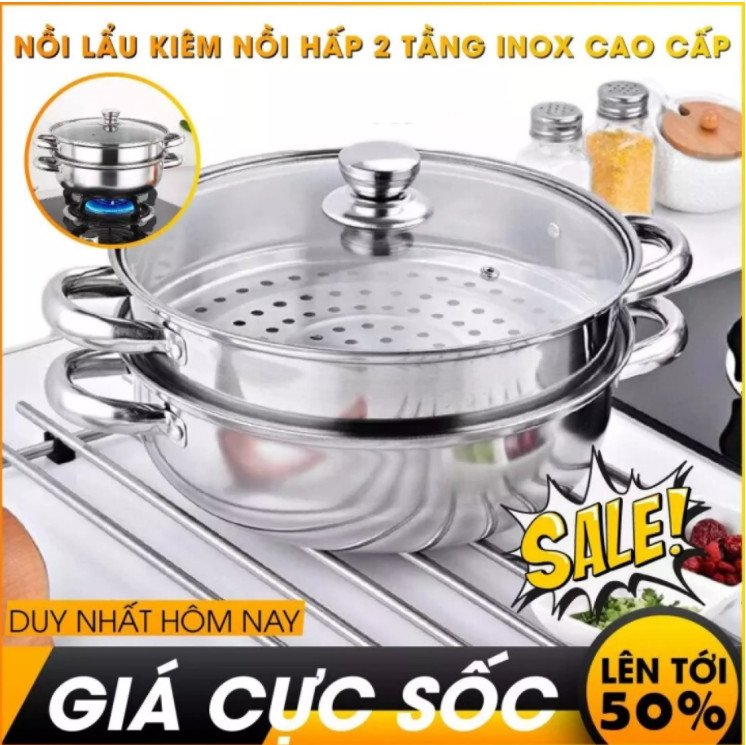 Bộ Xửng Hấp 2 Tầng 28cm, Nồi Hấp 2 Tầng Inox - Vung Kính Tiện Dụng, Chất Liệu Inox 304 Cao Cấp, Bền Bỉ