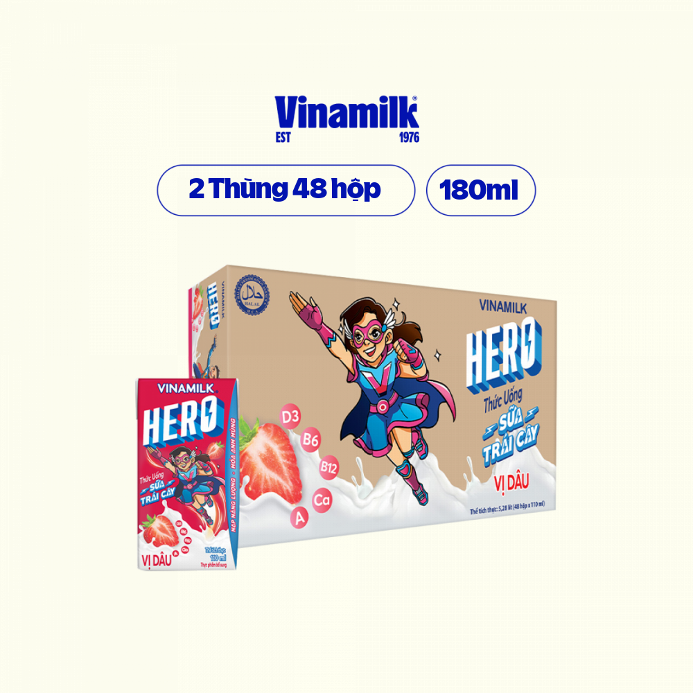 2 thùng thức uống sữa trái cây vị dâu vinamilk hero 180ml - 48 hộp/thùng