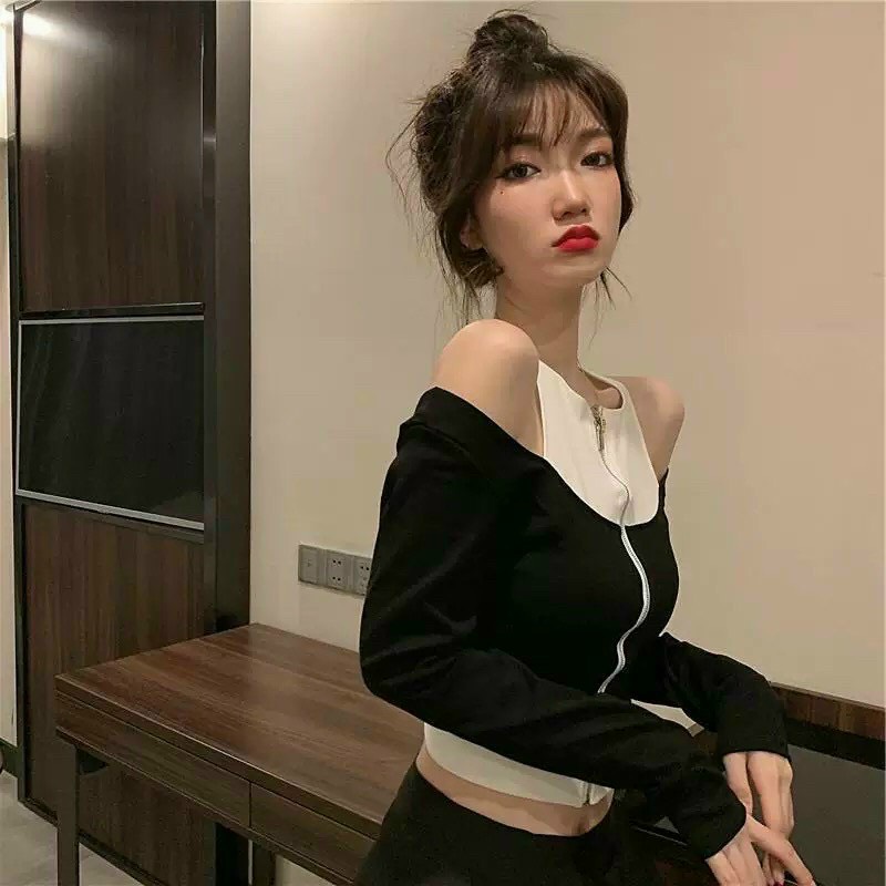ÁO CROPTOP KIỂU LỬNG NỮ TRỄ VAI DÀI TAY MÀU ĐEN PHỐI CỔ TRẮNG KÈM DÂY KÉO TRƯỚC CO GIÃN THOẢI MÁI DÀY DẶN MỀM MỊN SIÊU HOT HIT HADI CỰC CÁ TÍNH