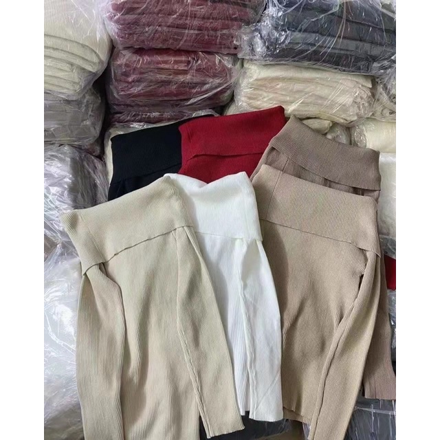áo len dệt kim trễ vai cổ bẻ