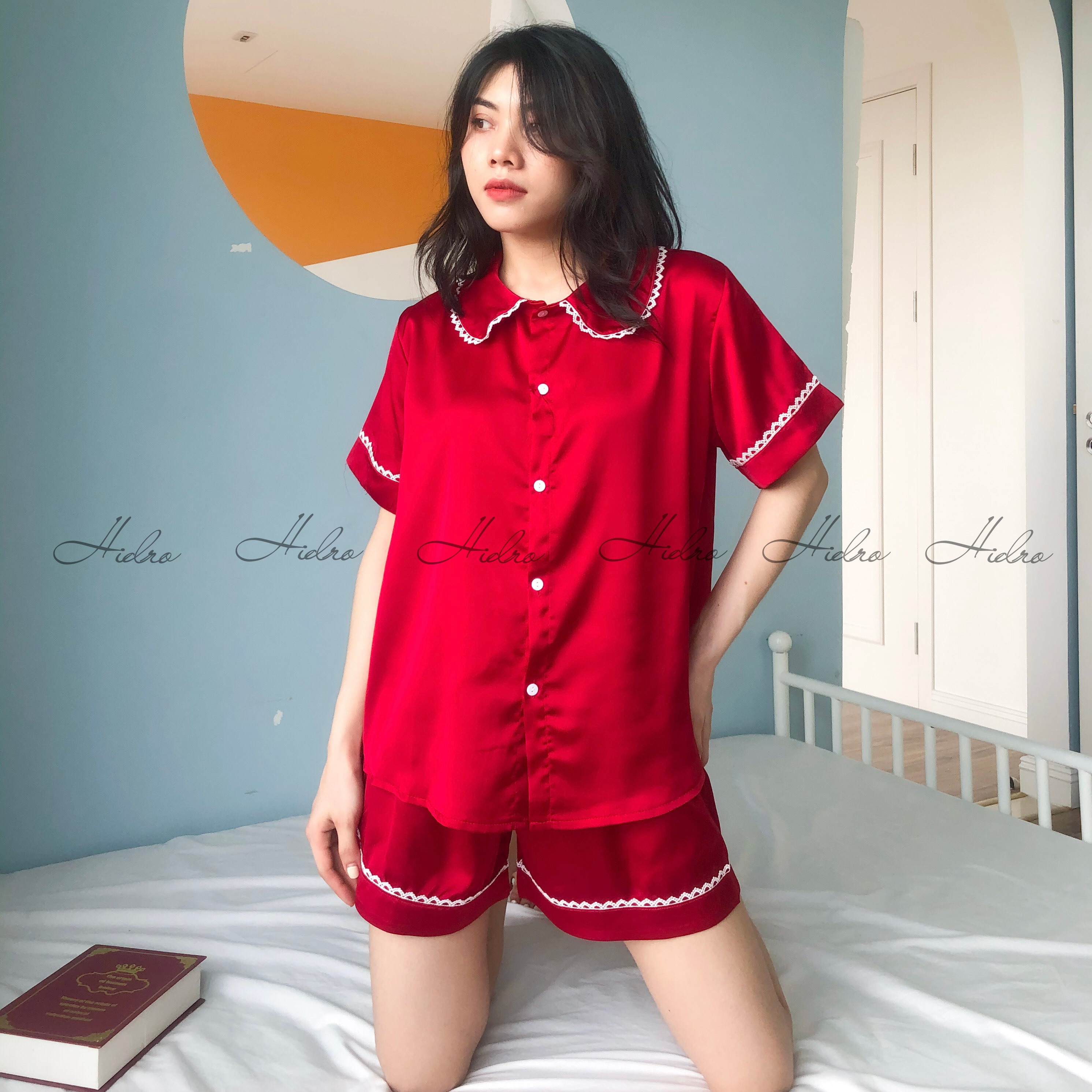 Bộ pijama lụa satin cao cấp viền ren sang chảnh