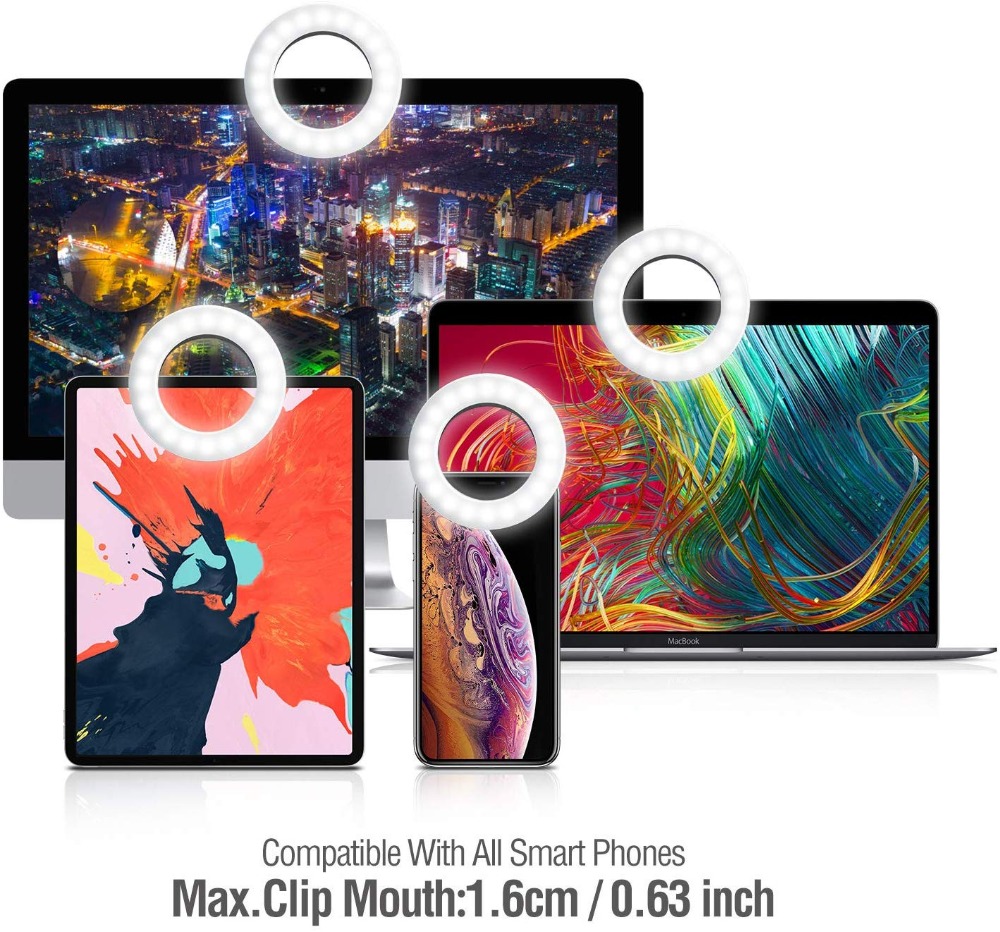 KIPRUN Selfie Ring Light [3 Light Modes] [Rechargeable], Clip on Phone Camera LED Light, Adjustable Brightness Selfie Circle Light for iPhone X Xr Xs Max 7 8 Plus 11 Pro Android iPad Laptop