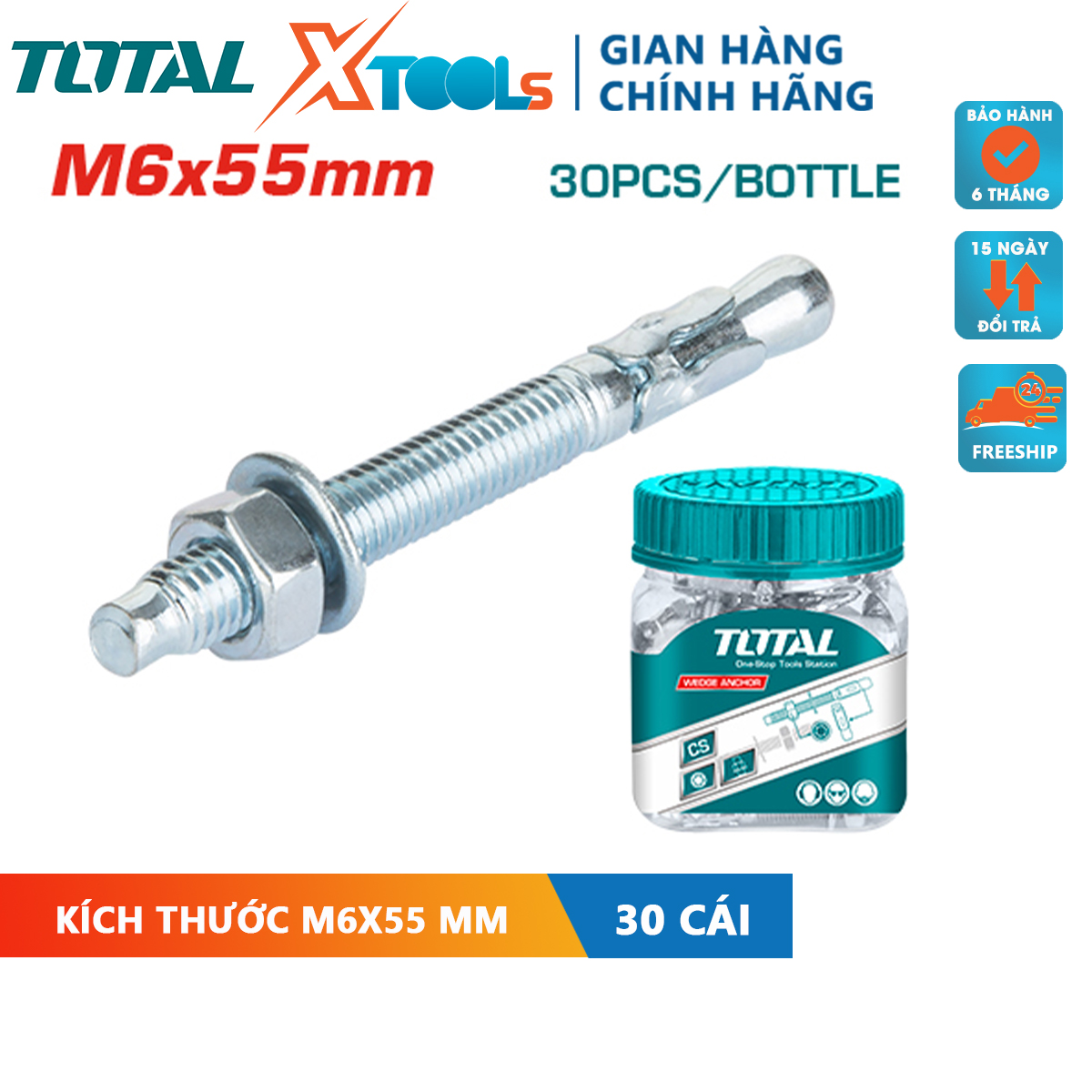 Bộ 30 neo bắt ốc hình nêm M6x55mm TOTAL