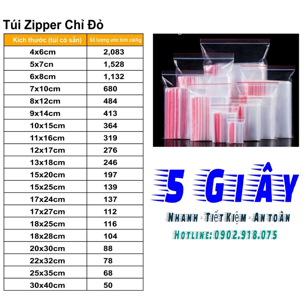 Túi zip chỉ đỏ (zip PE, zip lock, zip viền đỏ) loại dày – 5 giây