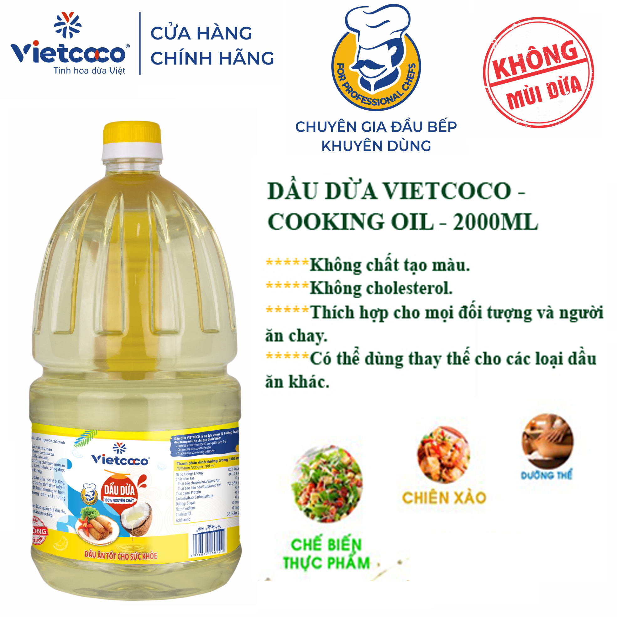 DẦU DỪA TINH LUYỆN VIETCOCO  (COOKING OIL) : CHAI 2 LÍT - 1 LÍT