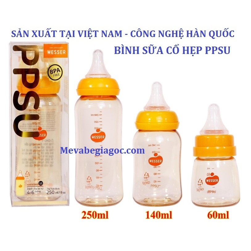 (MẪU MỚI) Bình Sữa Cổ Hẹp Cao Cấp PPSU WESSER (60ML - 140ML - 250ML) - Made in Vietnam (Công nghệ Hàn Quốc)
