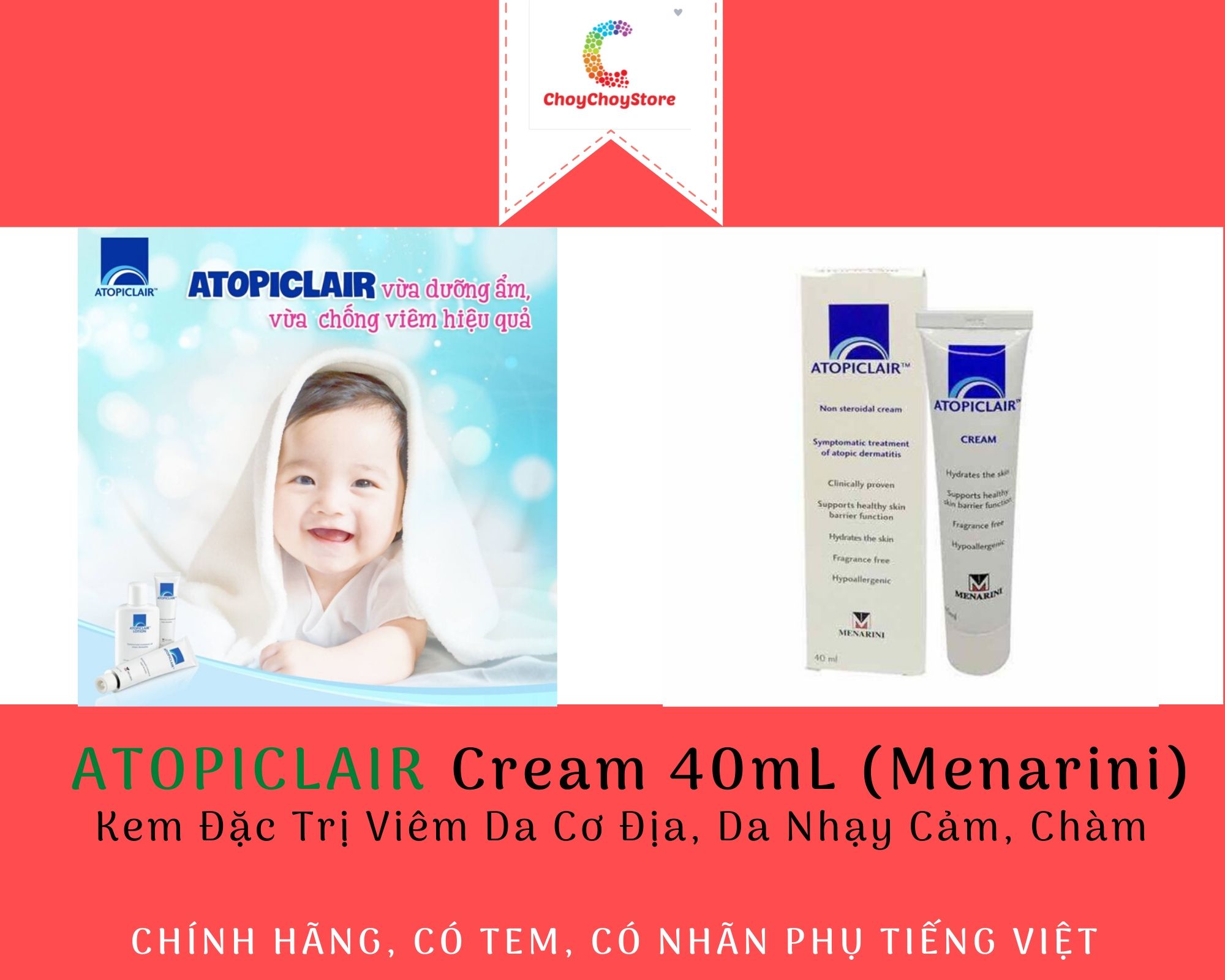 HCMTEM CTY - Kem ATOPICLAIR Cream 40mL - Kem Giảm Viêm Da Cơ Địa Da Nhạy
