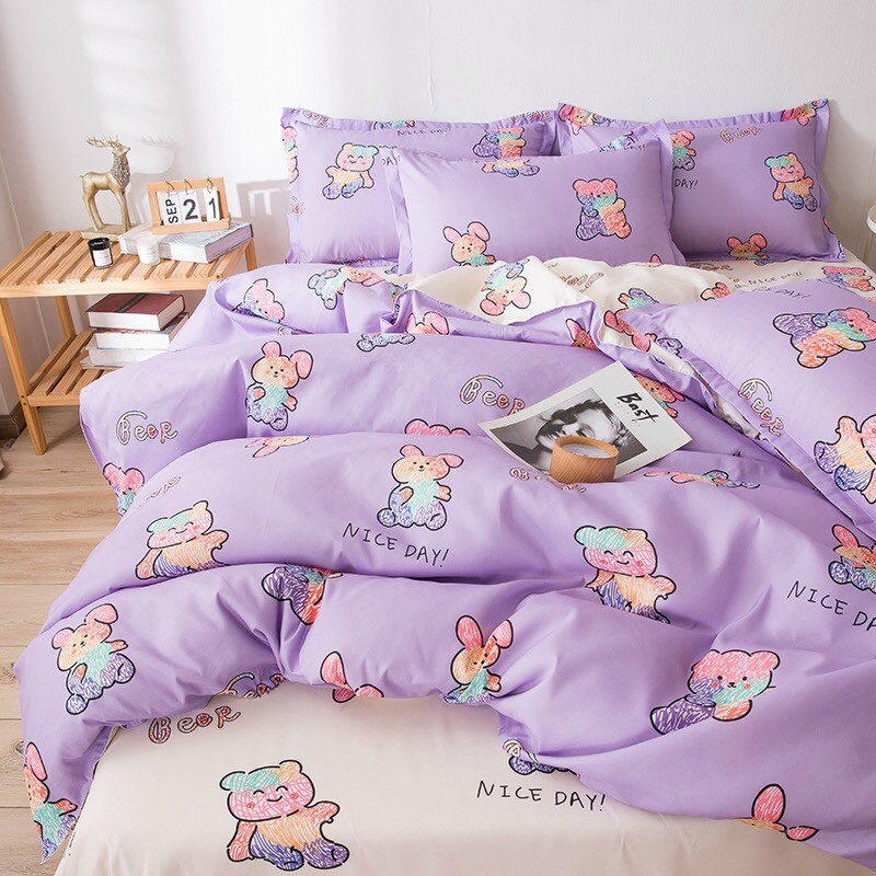 Bộ Chăn Ga Gối Poly Cotton Gấu Tím