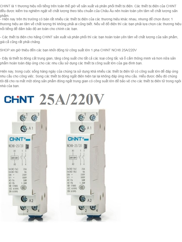 Bộ 2 khởi động từ ,contactor 1 pha CHINT NCH8-25A (trắng)