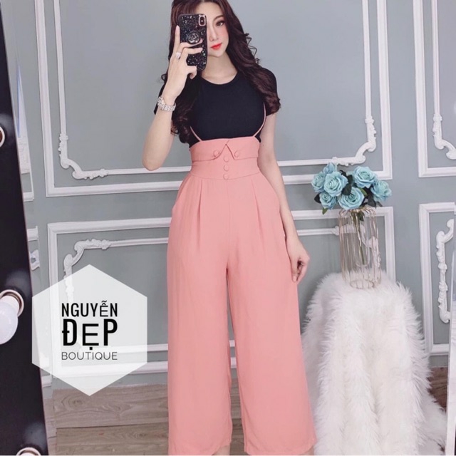 Set yếm nút quần ống suông