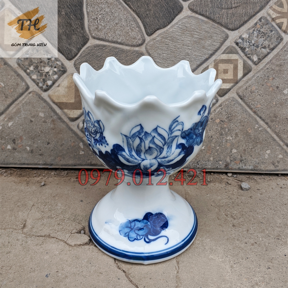 Ly đựng quả Phật Thủ Bát Tràng men lam
