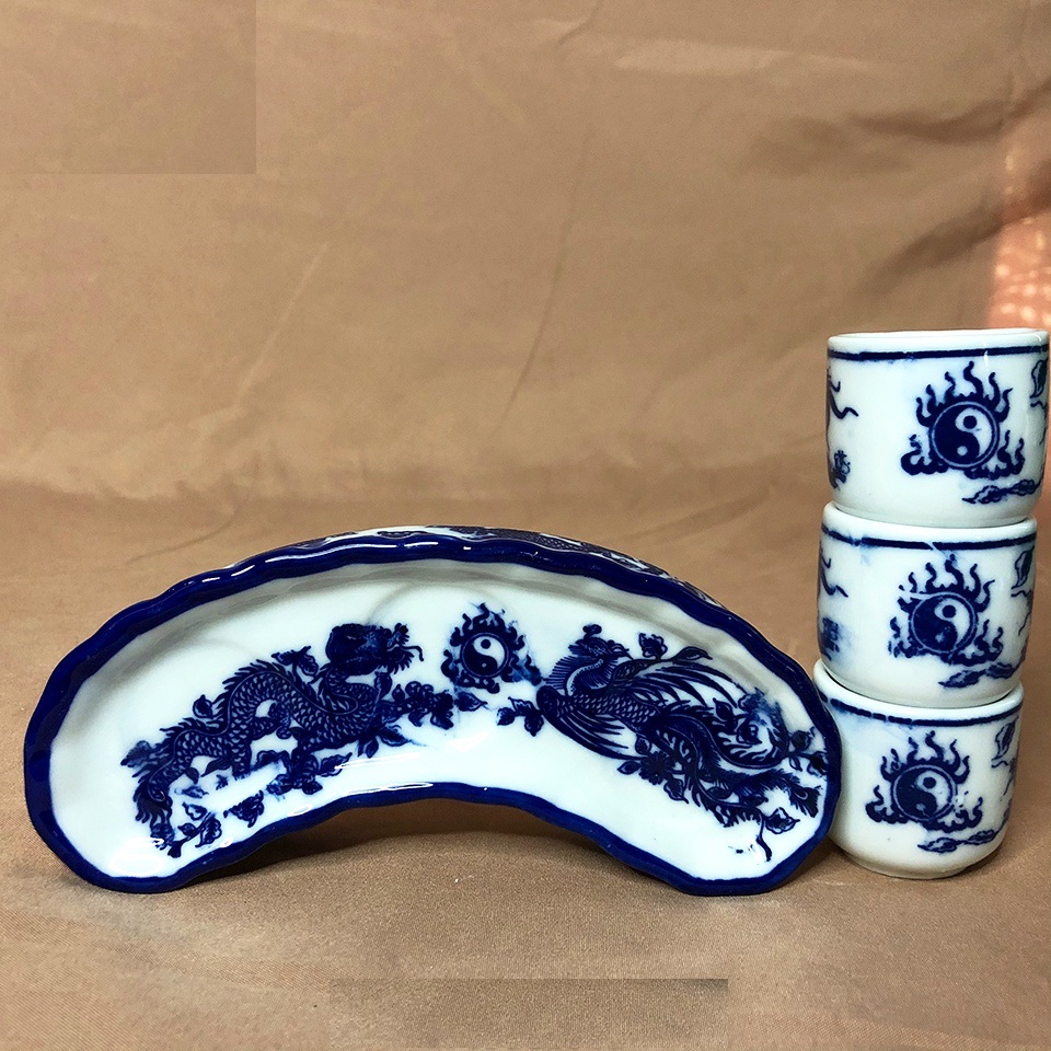 Bộ chén nước thờ Bộ kỷ 3 Bộ kỷ 5 men lam in hình rồng phượng