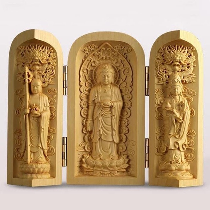 Hộp gỗ tượng phật hoàng dương 3 tượng phong thủy tượng tam thánh phật khám thờ phật tượng trang trí để bàn Decor Việt