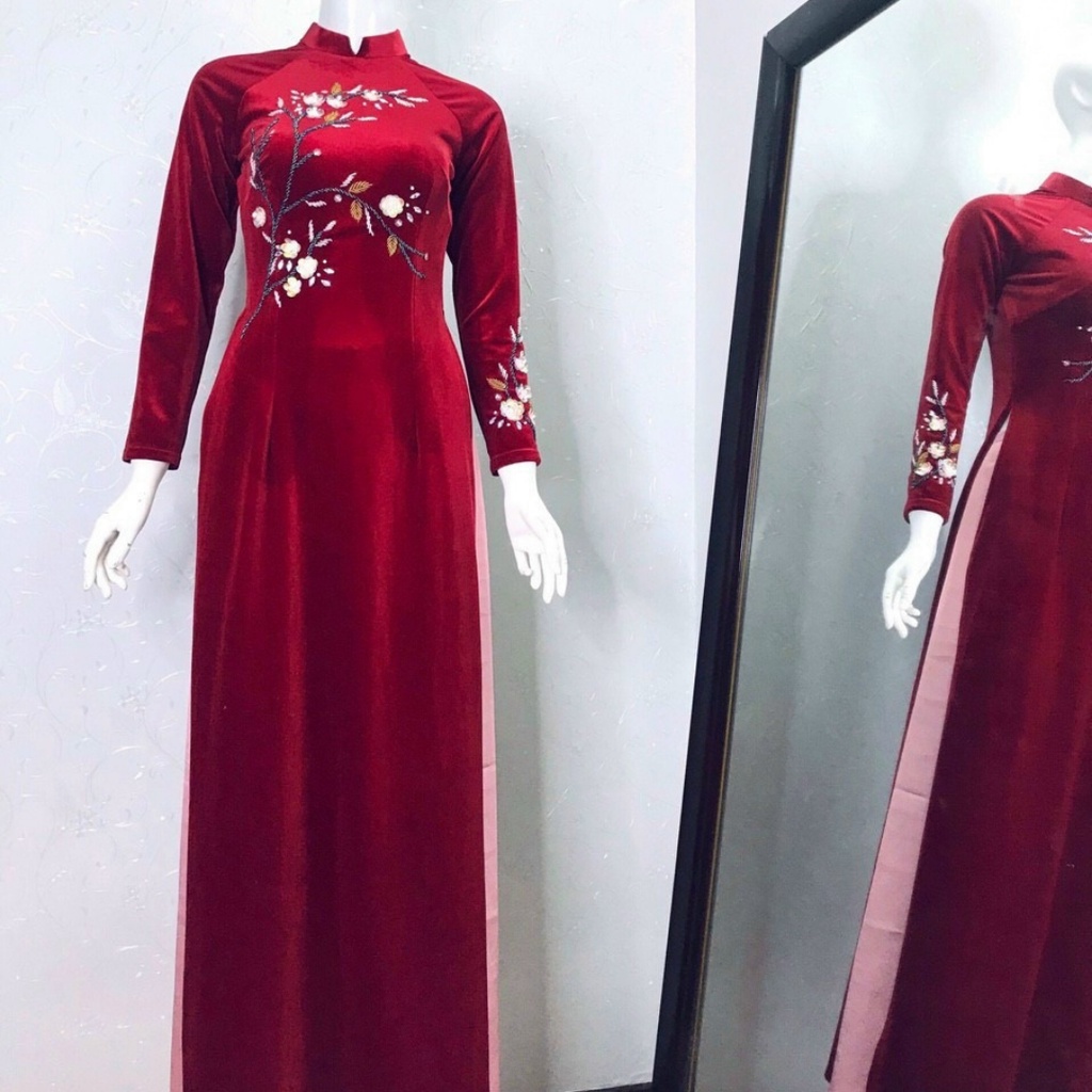 Áo Dài Nhung Đỏ Thiết Kế May Sẵn Cao Cấp