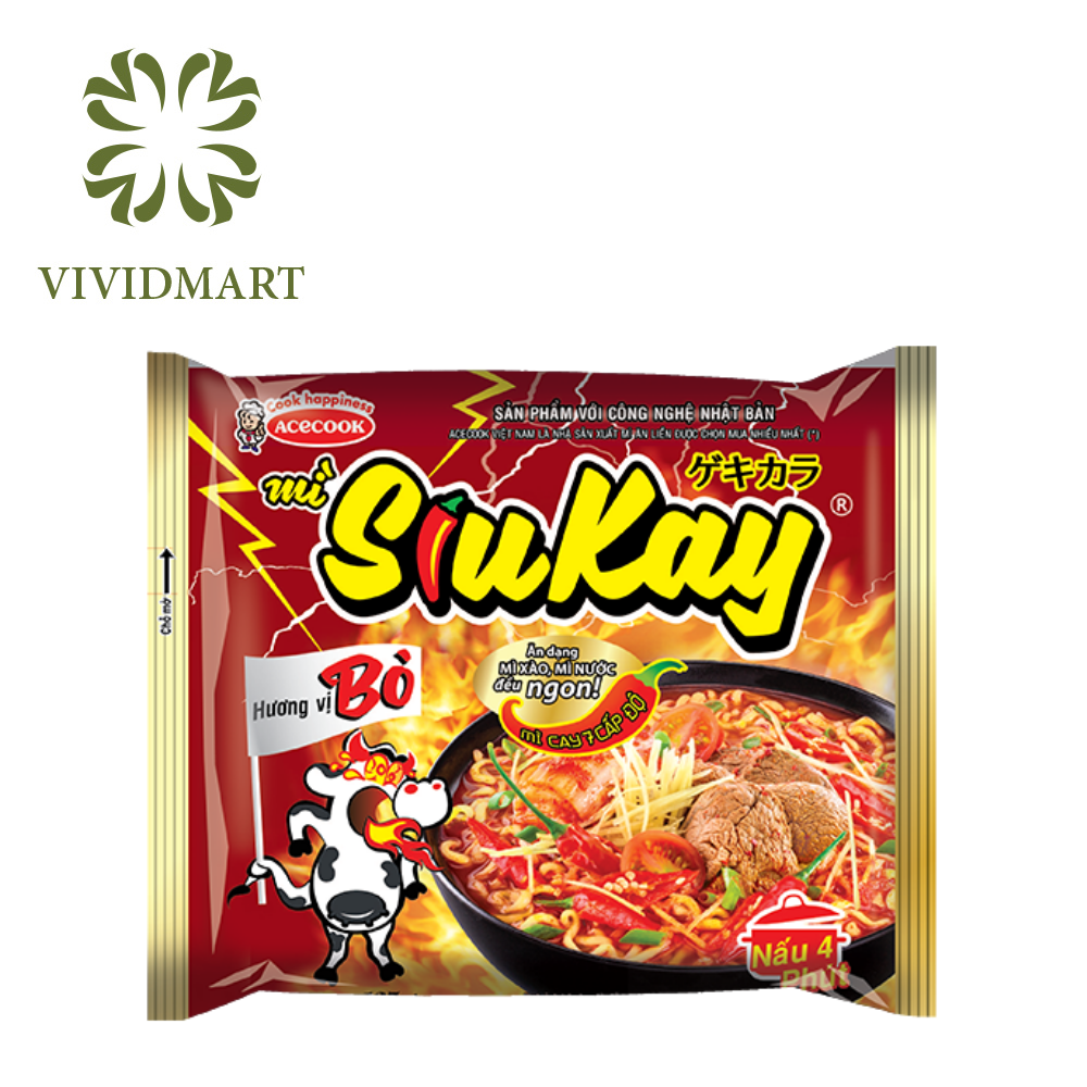 [1 Package] - Acecook - Siukay Spicy Instant Noodles. Comes in 4 flavors: Spicy Seafood, Spicy Chicken with Cheese, Spicy Beef, and Stir-Fried Pho Noodle with Spicy Seafood Flavor. Each package weighs between 85g to 129g.
