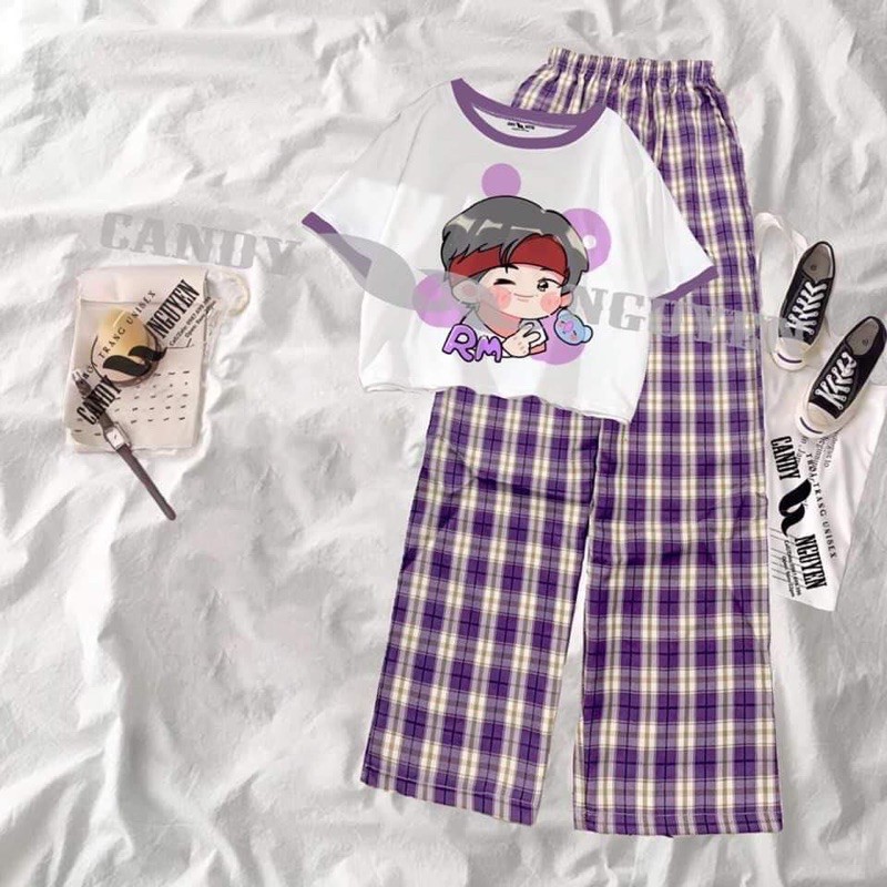 [FREESHIP] bộ áo croptop cậu bé PM + quần kẻ caro tím ống suông rộng kt