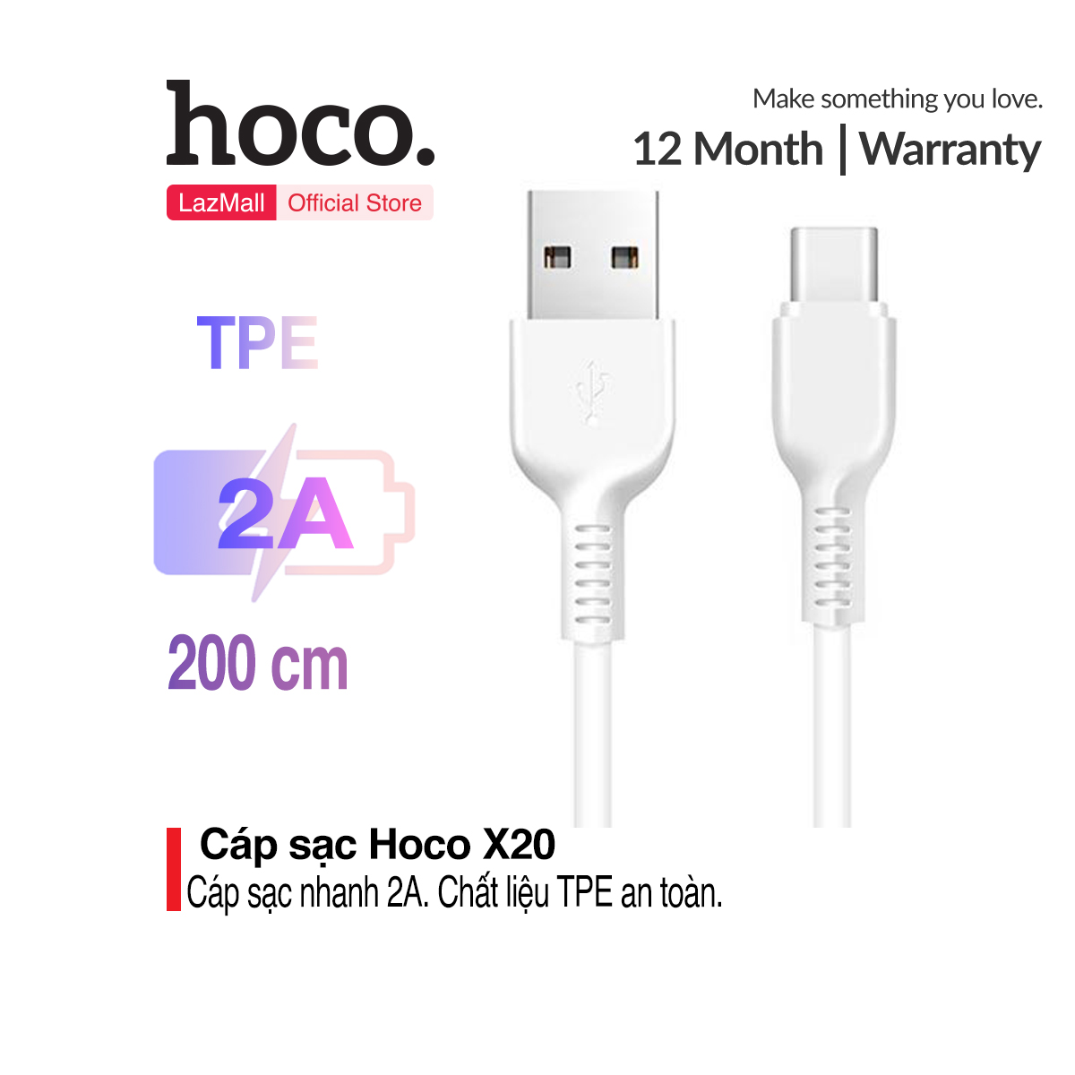 [HCM]Cáp sạc nhanh và truyền dữ liệu Type C Hoco X20 sạc nhanh 2A MAX chất liệu TPE siêu bền dành cho Samsung Galaxy Note 9 Note10 S9 S10 S10+ dài 200cm