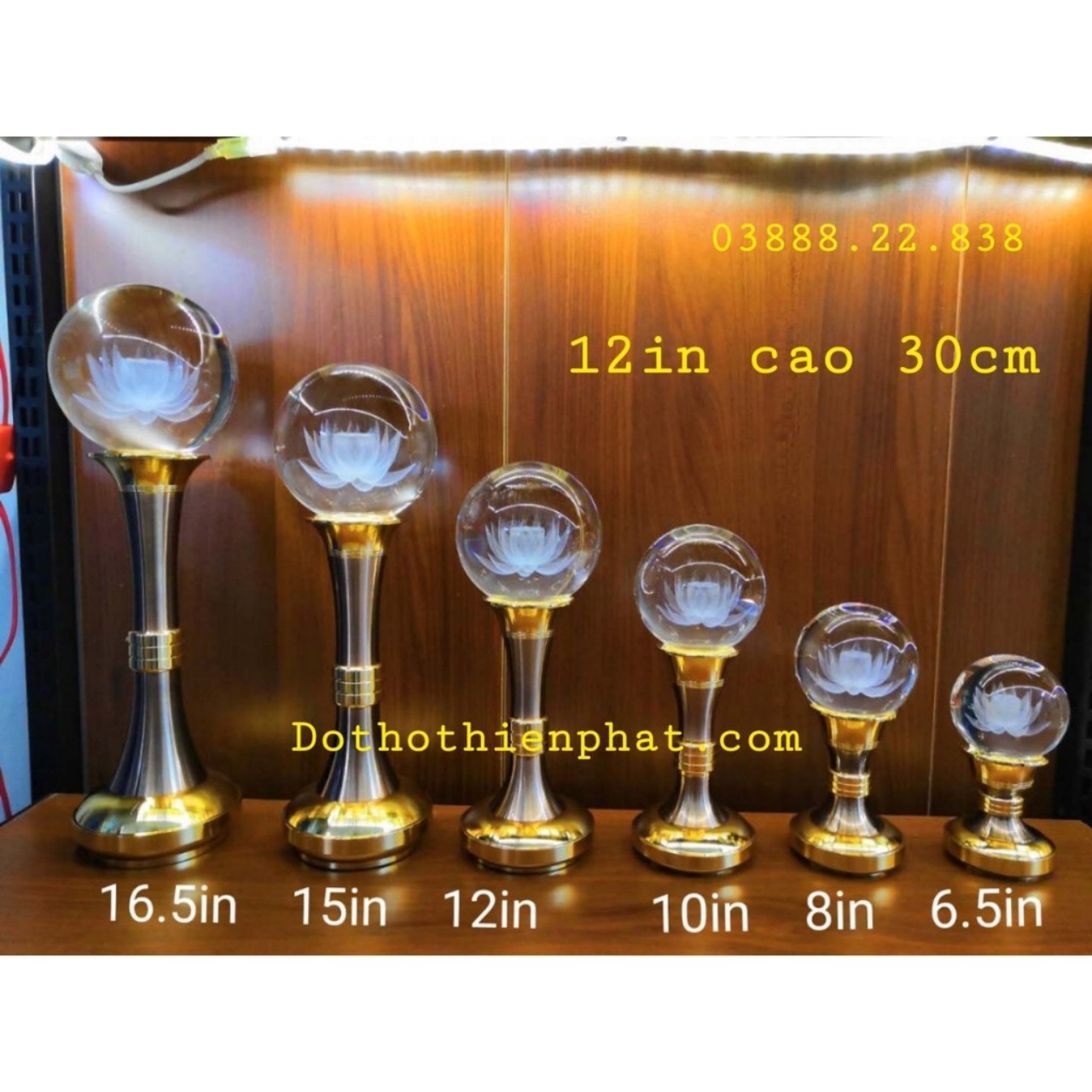 Cặp đèn thờ đá pha lê quả cầu tròn 12in