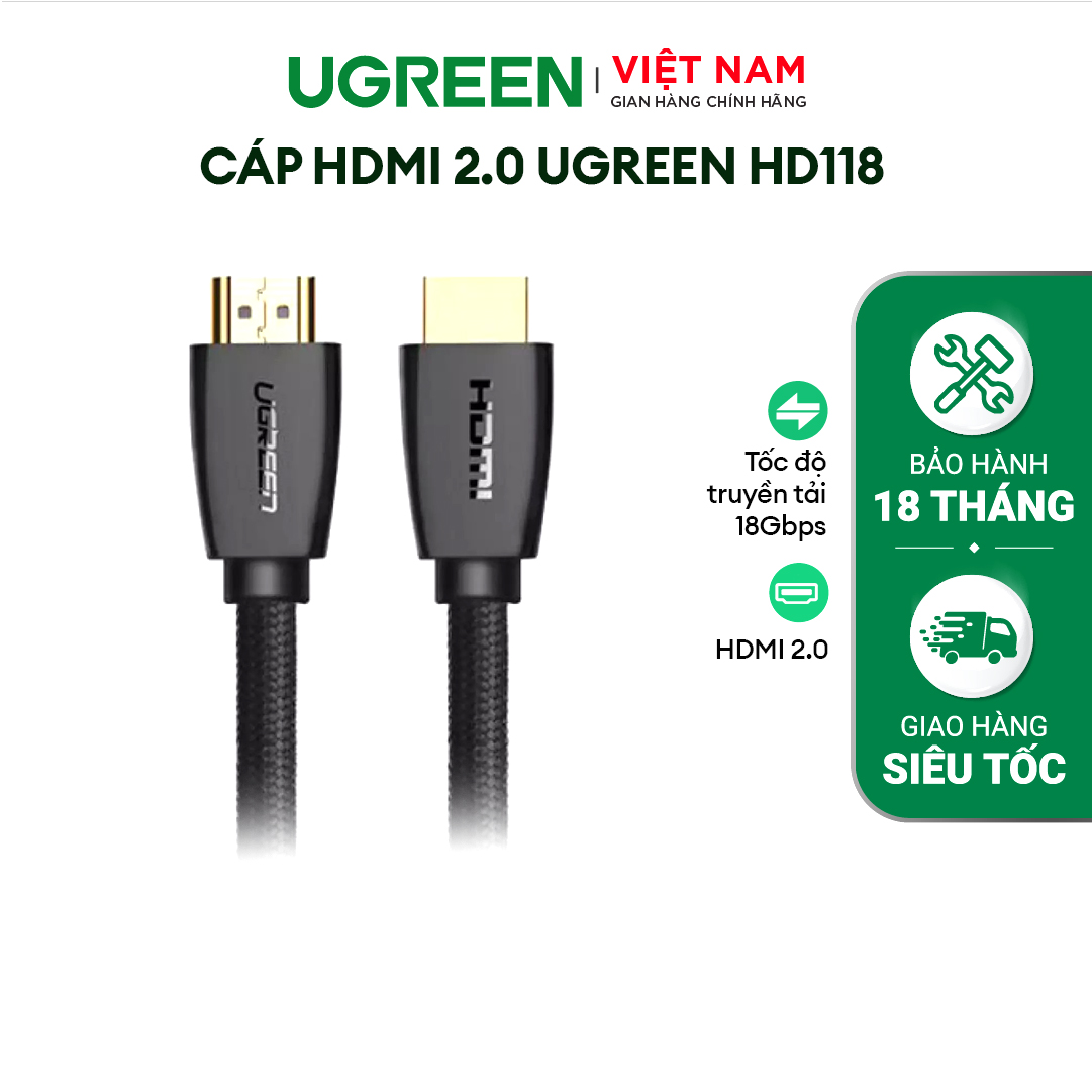 Cáp HDMI 2.0 Ugreen HD118 Chất liệu vải dù PP | Độ phân giải 3D 4K*2K 4096x2160p/30Hz | Bảo Hành 1 đổi 1 18 Tháng | 40408 40409 40410 90840 40411 40412 40414 40416 60363