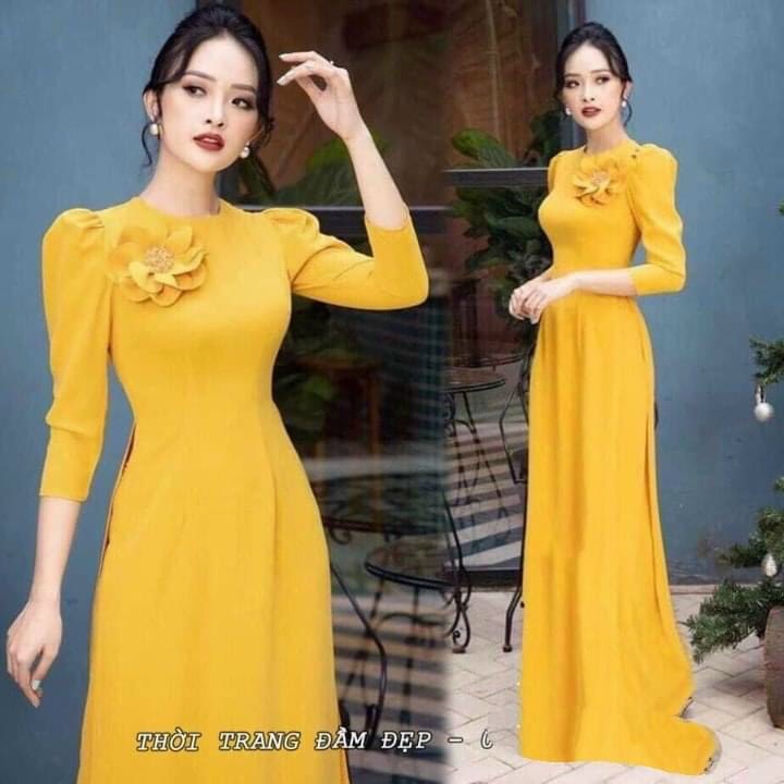 ÁO DÀI HOA TRƠN LỤA MỸ CAO CẤP ĐỎ, VÀNG ĐỦ SIZE